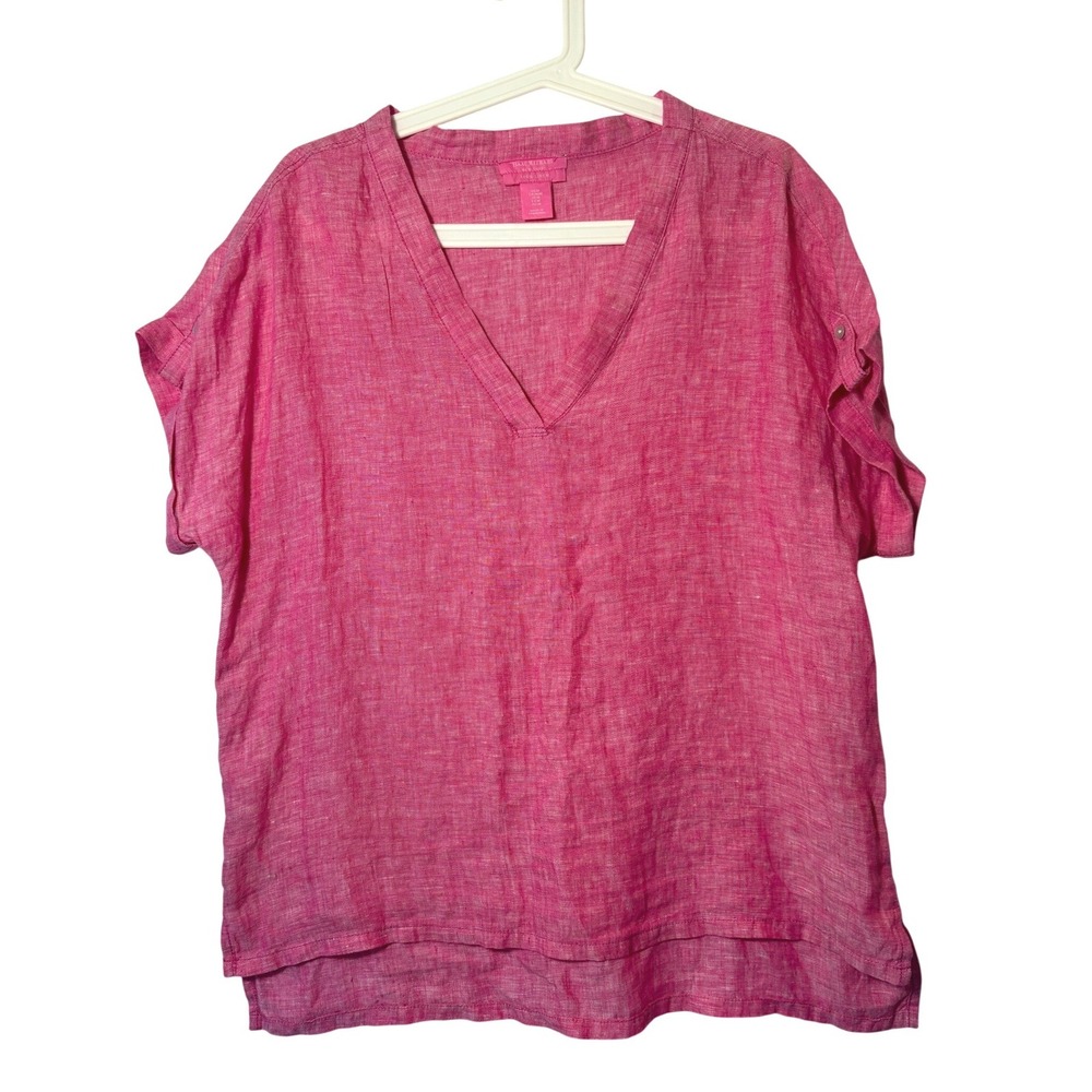 Isaac Mizrahi New York Pink 100% Linen V-Neck Tab Sleeve Blouse Top Womens M